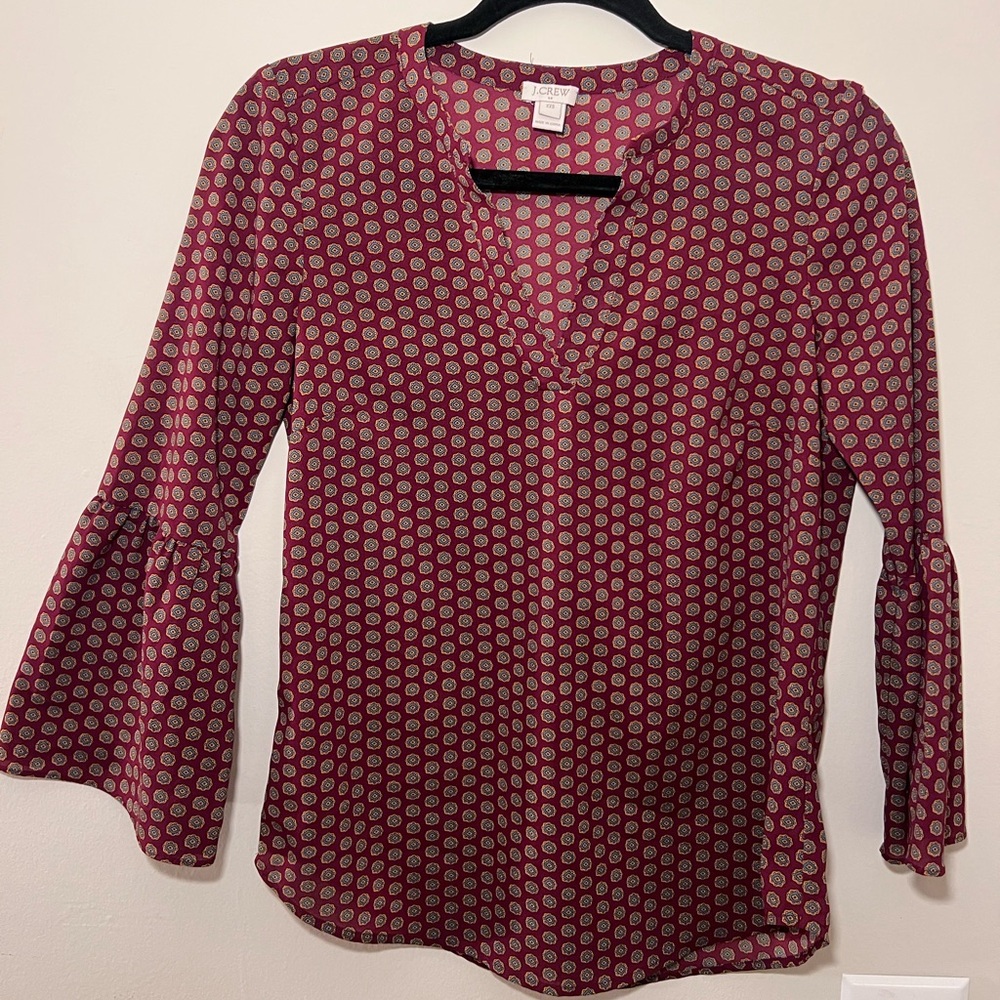 J. Crew | XXS Teen& Women's Red/Burgundy Patterned Top Dress Blouse Bell Sleeves